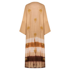 KABE SHOP INC The Sharis raw silk kimono in beige and brown tie-dye with hand-embellished gold palm tree details.