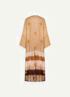KABE SHOP INC The Sharis raw silk kimono in beige and brown tie-dye with hand-embellished gold palm tree details.