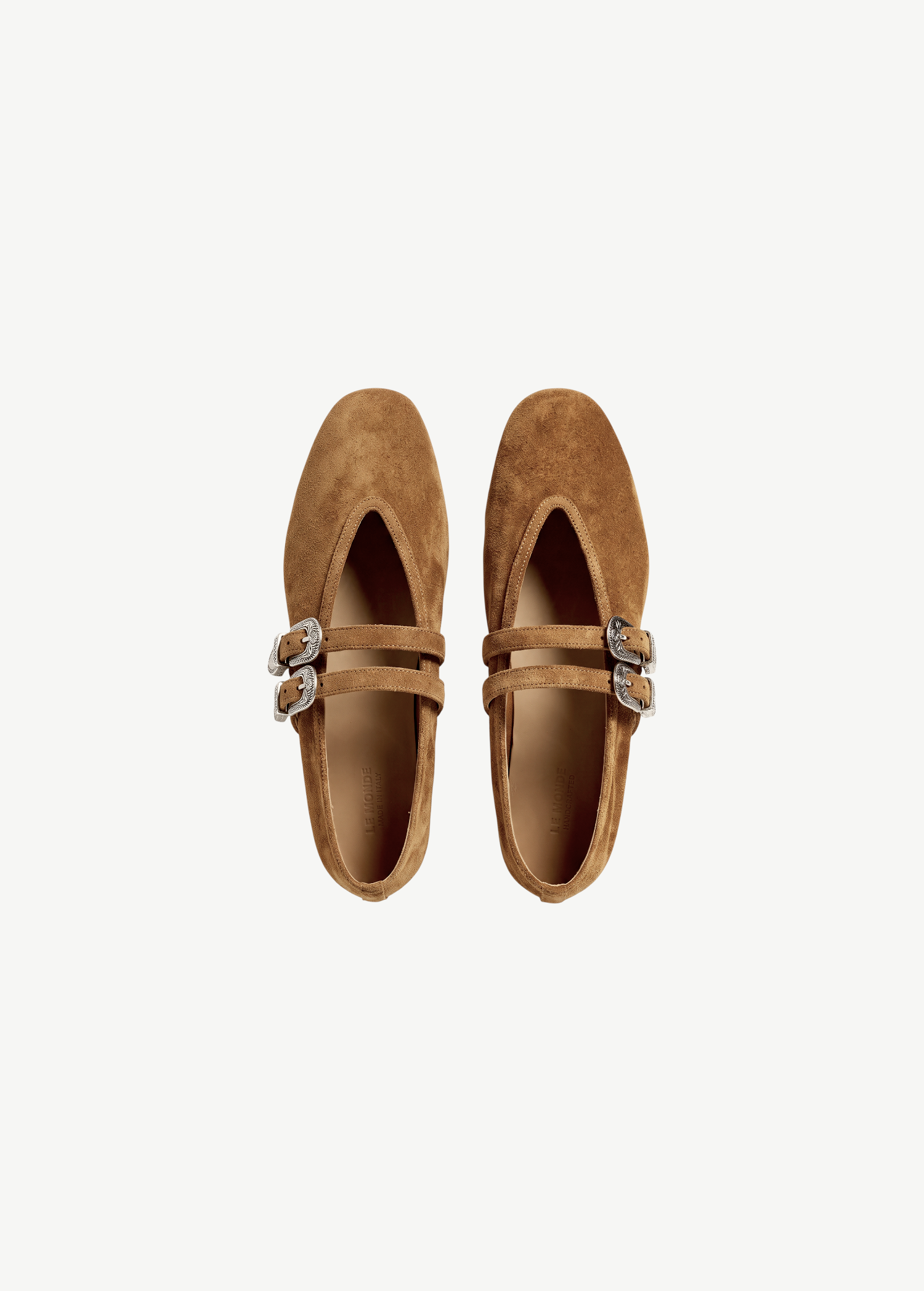 KABE SHOP INC Ballet Claudia slipper shoes in taupe suede with western-style silver buckles and strap detailing.