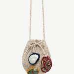 KABE SHOP INC Jali Bag in beige knit with decorative shell accents and braided shoulder strap