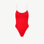 The C One Piece is a vibrant red one-piece swimsuit made from recycled nylon, featuring thin spaghetti straps and a high-cut leg, shown against a plain white background.