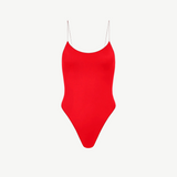 The C One Piece is a vibrant red one-piece swimsuit made from recycled nylon, featuring thin spaghetti straps and a high-cut leg, shown against a plain white background.