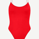 The C One Piece is a vibrant red one-piece swimsuit made from recycled nylon, featuring thin spaghetti straps and a high-cut leg, shown against a plain white background.