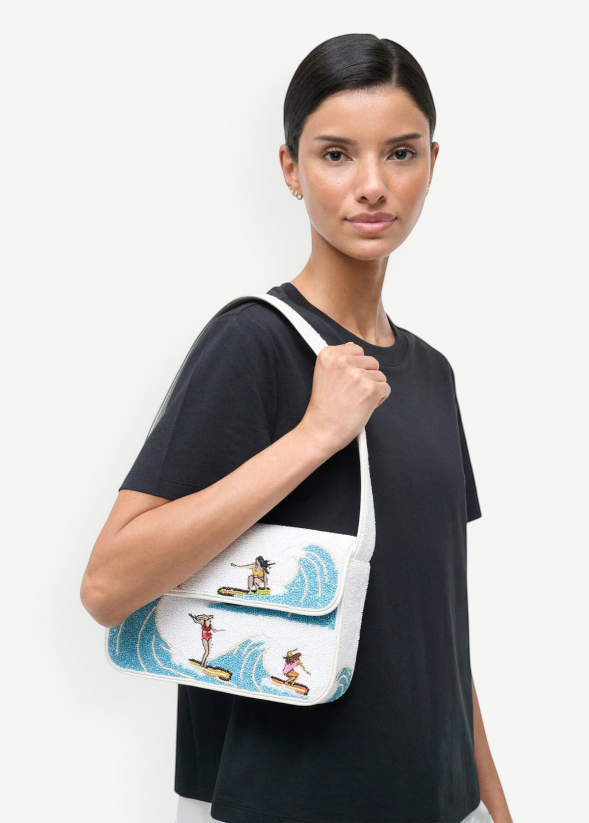 KABE SHOP INC Tommy beaded shoulder bag featuring a white and blue surf-themed design worn by a model