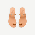 KABE SHOP INC Audrey sandals in tan leather with crystal-embellished toe-loop straps and a minimalist flat design.