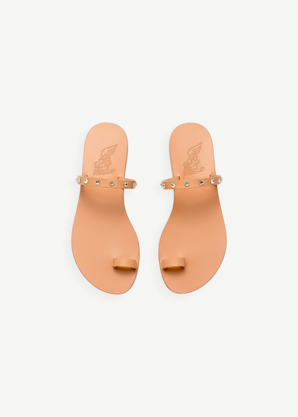 KABE SHOP INC Audrey sandals in tan leather with crystal-embellished toe-loop straps and a minimalist flat design.