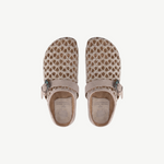 KABE SHOP INC Thais Mat Intreccio sabots in rustic green with woven design, suede strap, and decorative buckle.