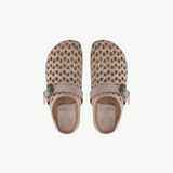 KABE SHOP INC Thais Mat Intreccio sabots in rustic green with woven design, suede strap, and decorative buckle.
