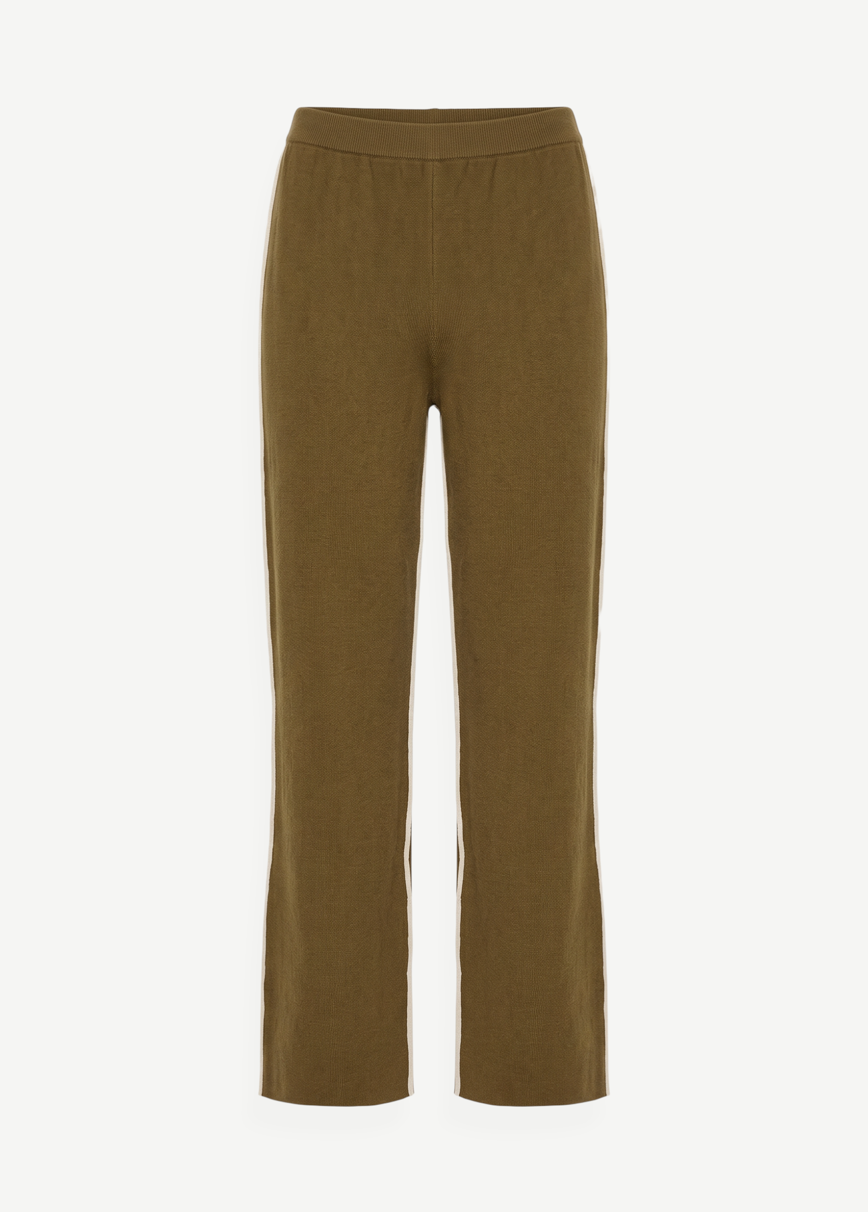KABE SHOP INC Malaika pants in olive green with a straight-leg silhouette and white side stripe detail.