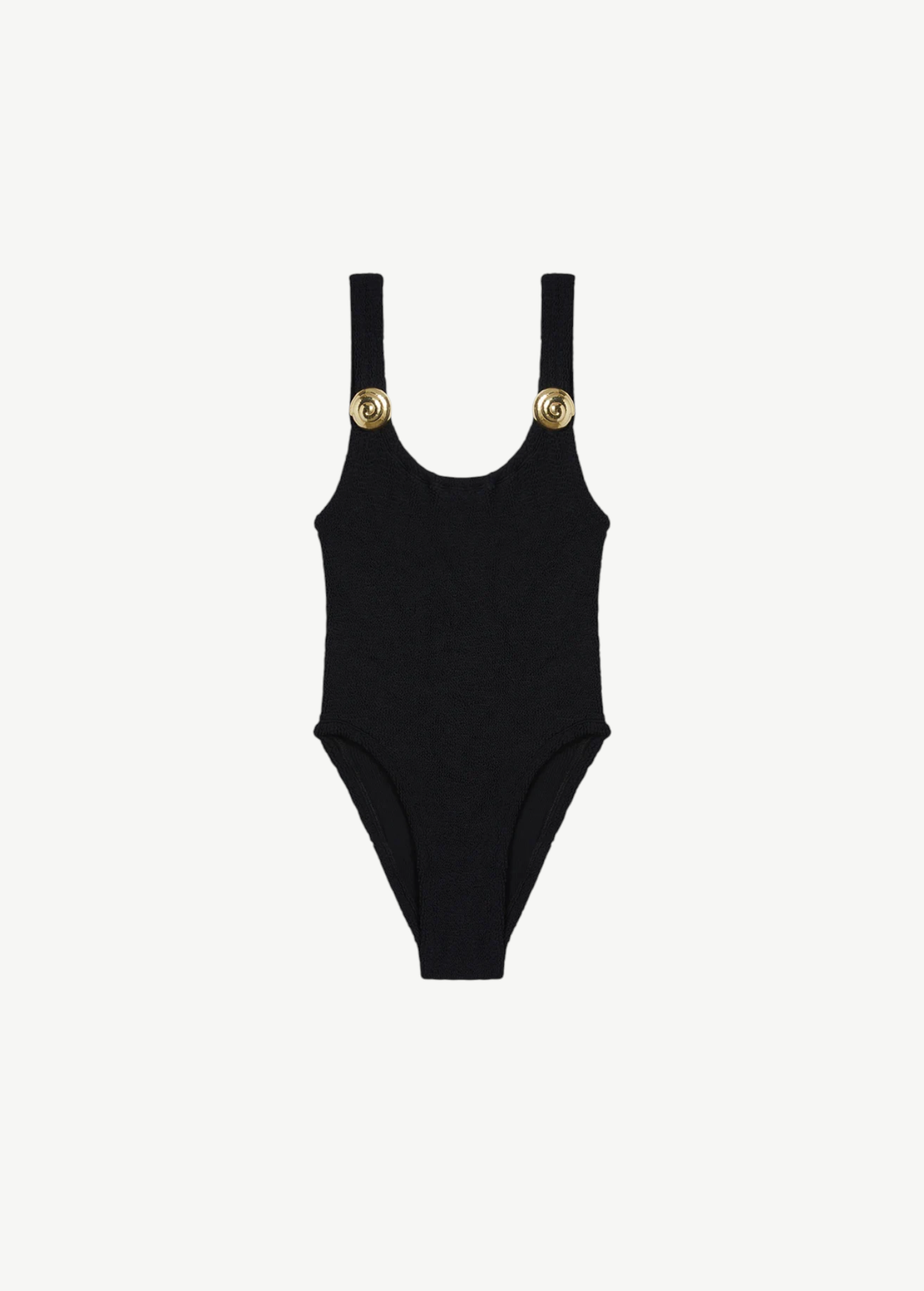 KABE SHOP INC Tita one-piece swimsuit in black textured fabric with gold decorative buttons on the shoulder straps.
