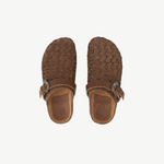 KABE SHOP INC Thais Mat Intreccio sabots in rustic green woven suede with a decorative buckle and comfortable footbed.