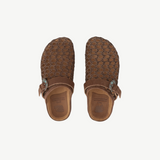 KABE SHOP INC Thais Mat Intreccio sabots in rustic green woven suede with a decorative buckle and comfortable footbed.