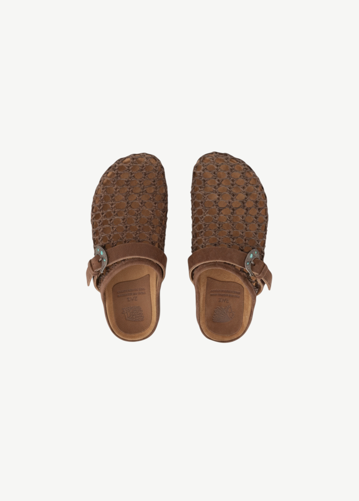 KABE SHOP INC Thais Mat Intreccio sabots in rustic green woven suede with a decorative buckle and comfortable footbed.