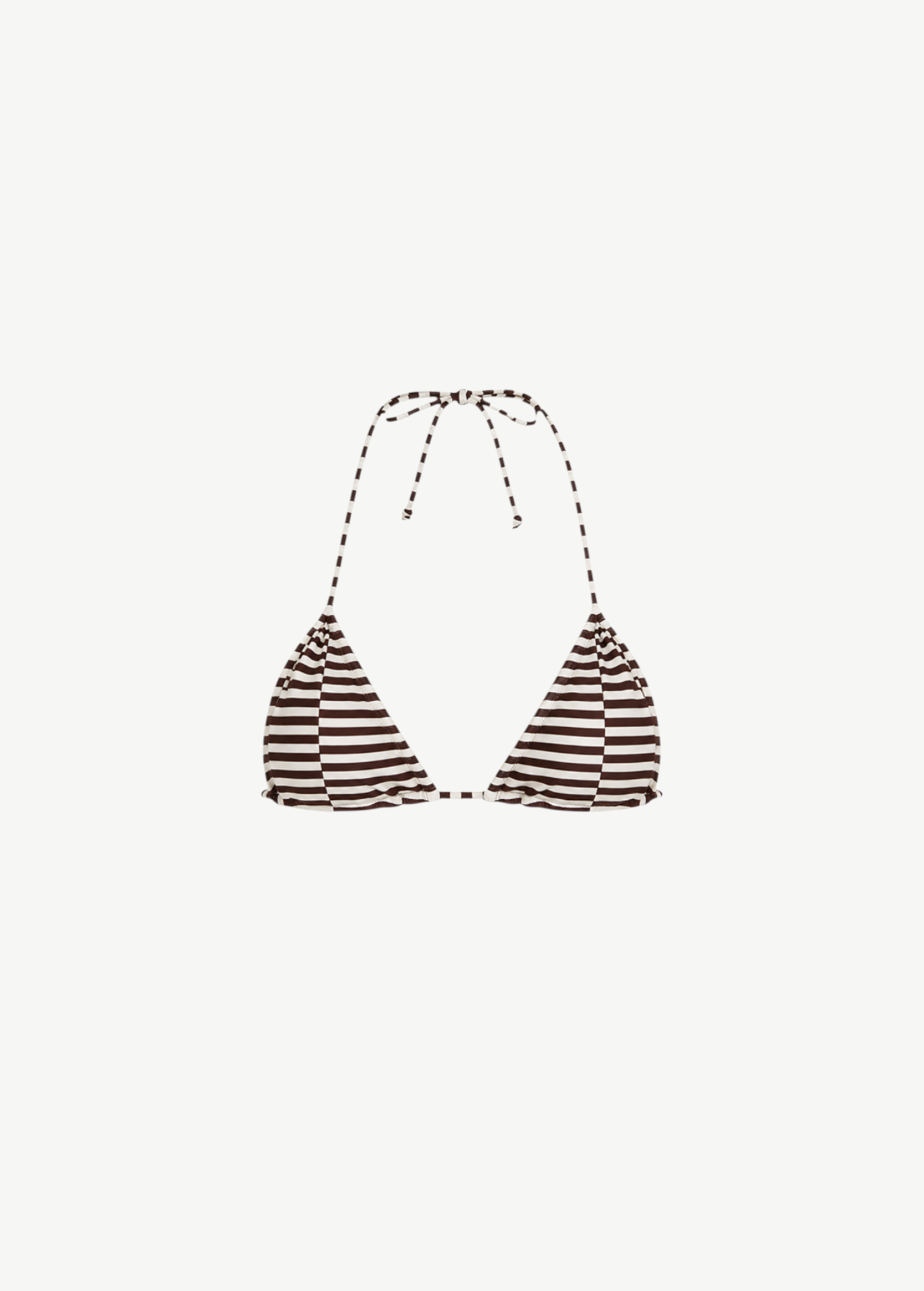 KABE SHOP INC Cocoa Grid Halter Top featuring a brown and white striped tri-cup design with adjustable neck ties.