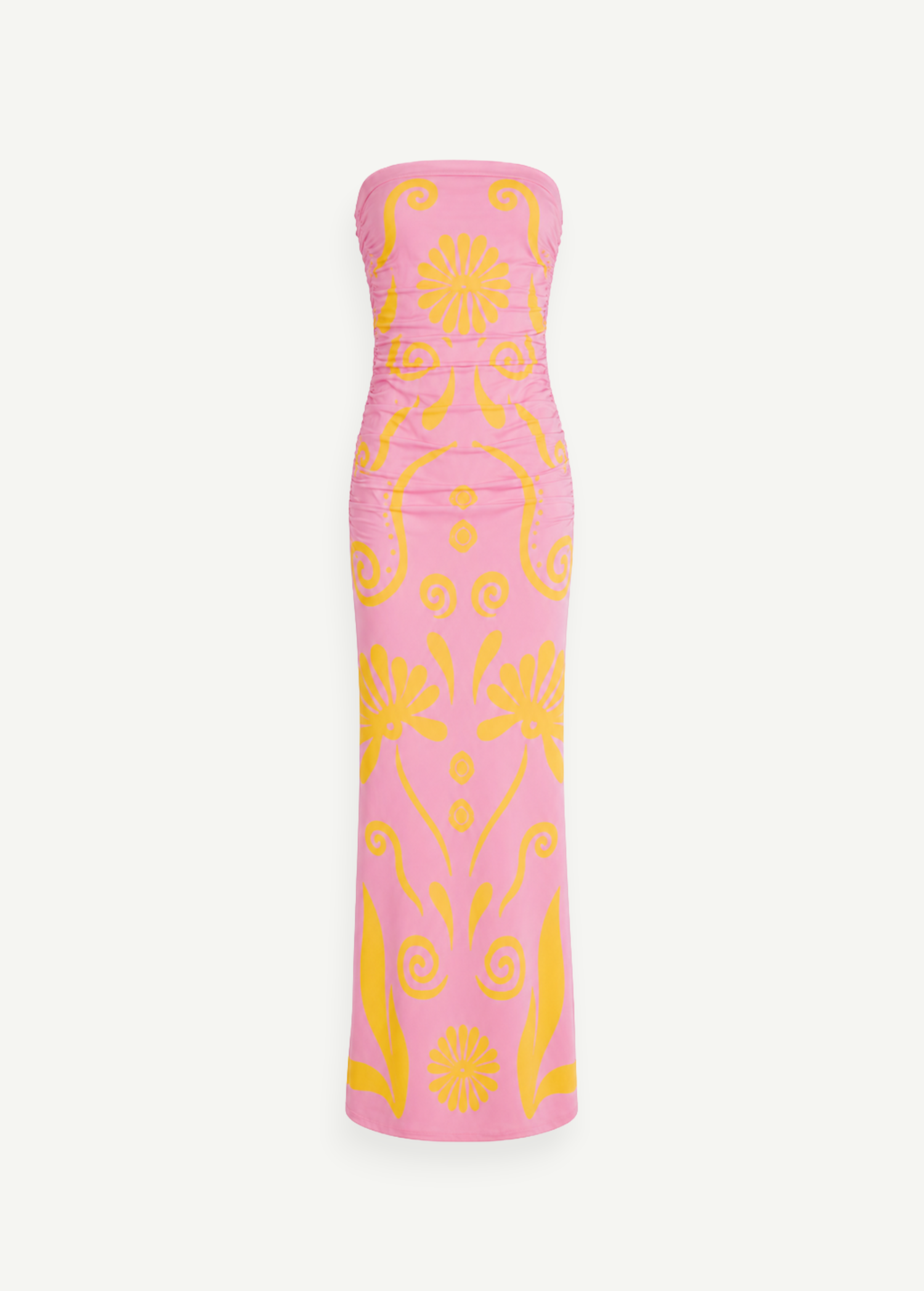 KABE SHOP INC Daphne strapless maxi dress in pink with yellow floral and swirl pattern, fully lined silhouette.