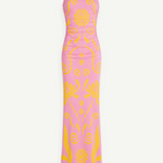 KABE SHOP INC Daphne strapless maxi dress in pink with yellow floral and swirl pattern, fully lined silhouette.