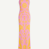 KABE SHOP INC Daphne strapless maxi dress in pink with yellow floral and swirl pattern, fully lined silhouette.