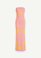 KABE SHOP INC Daphne strapless maxi dress in pink with yellow floral and swirl pattern, fully lined silhouette.