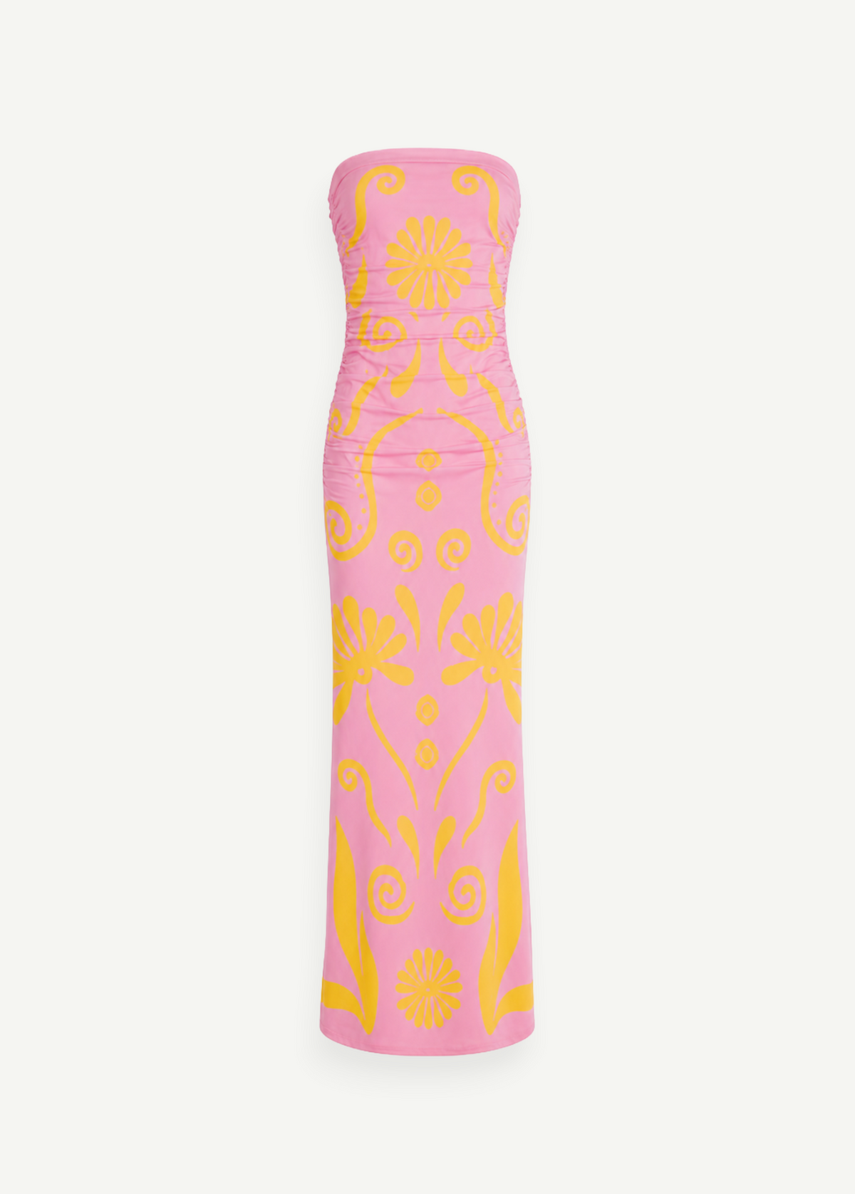 KABE SHOP INC Daphne strapless maxi dress in pink with yellow floral and swirl pattern, fully lined silhouette.