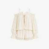 KABE SHOP INC Isabella off-the-shoulder cotton jumpsuit in cream with delicate lace trim and ruffled sleeves