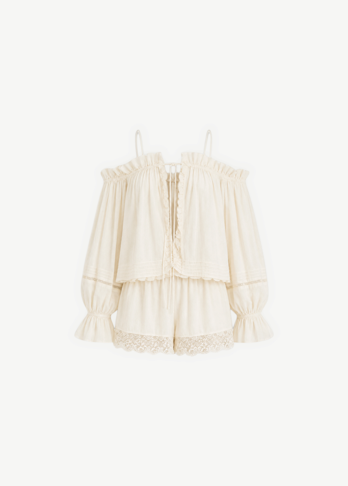 KABE SHOP INC Isabella off-the-shoulder cotton jumpsuit in cream with delicate lace trim and ruffled sleeves
