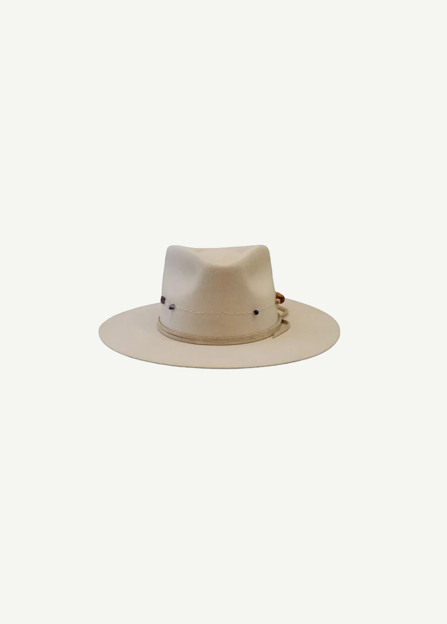 KABE SHOP INC Wool Stones Hat in cream felt with a decorative beaded band and wide brim for sun protection.