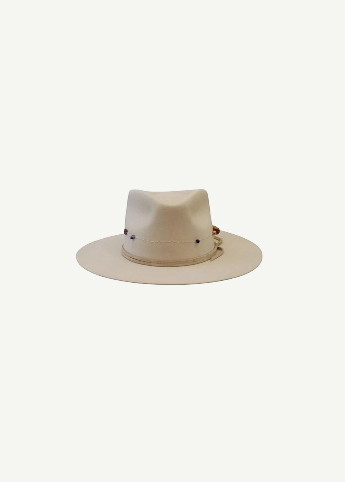 KABE SHOP INC Wool Stones Hat in cream felt with a decorative beaded band and wide brim for sun protection.