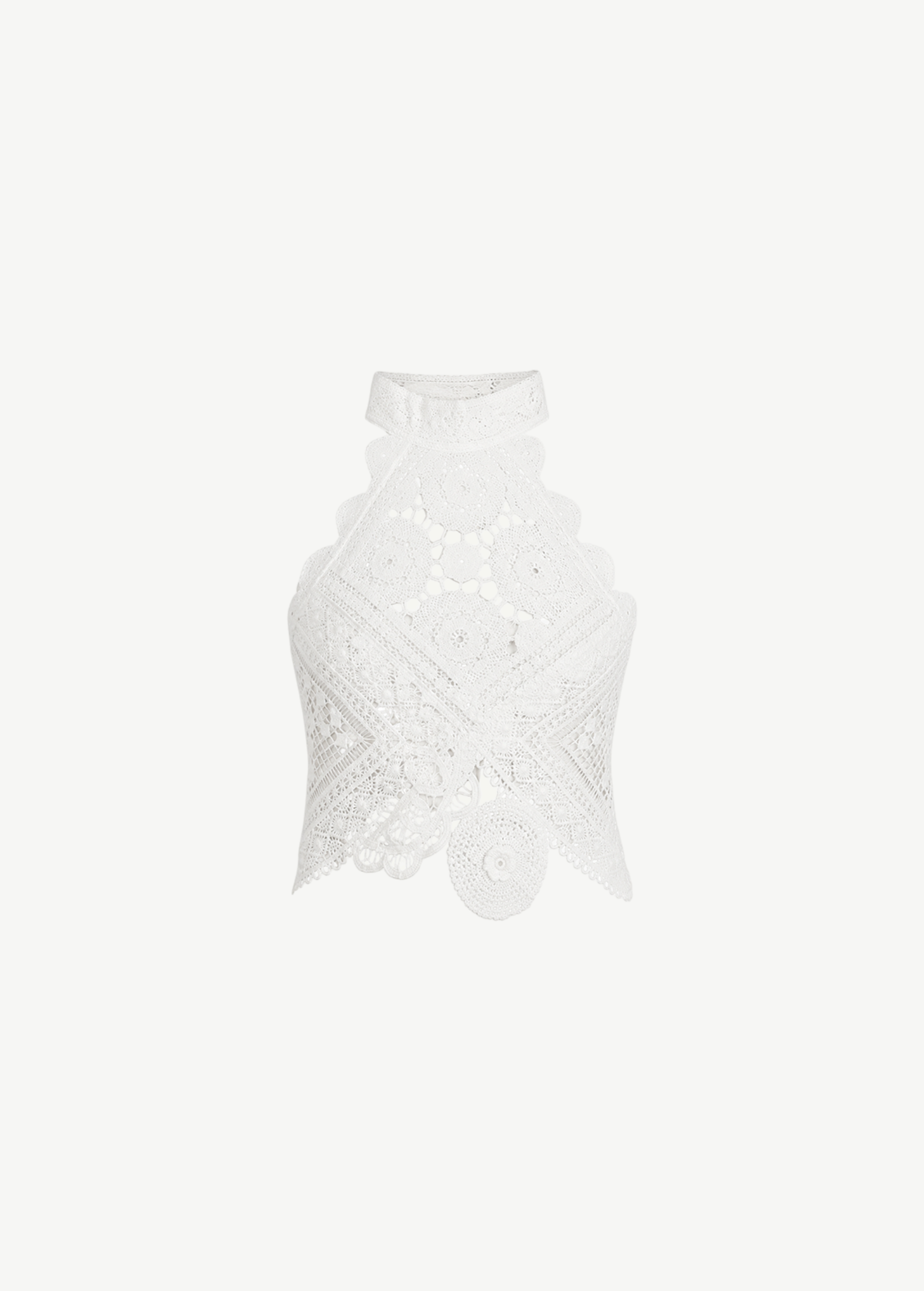 KABE SHOP INC Vanilla white cotton halter top featuring intricate crochet and lace patchwork with a scalloped hem.