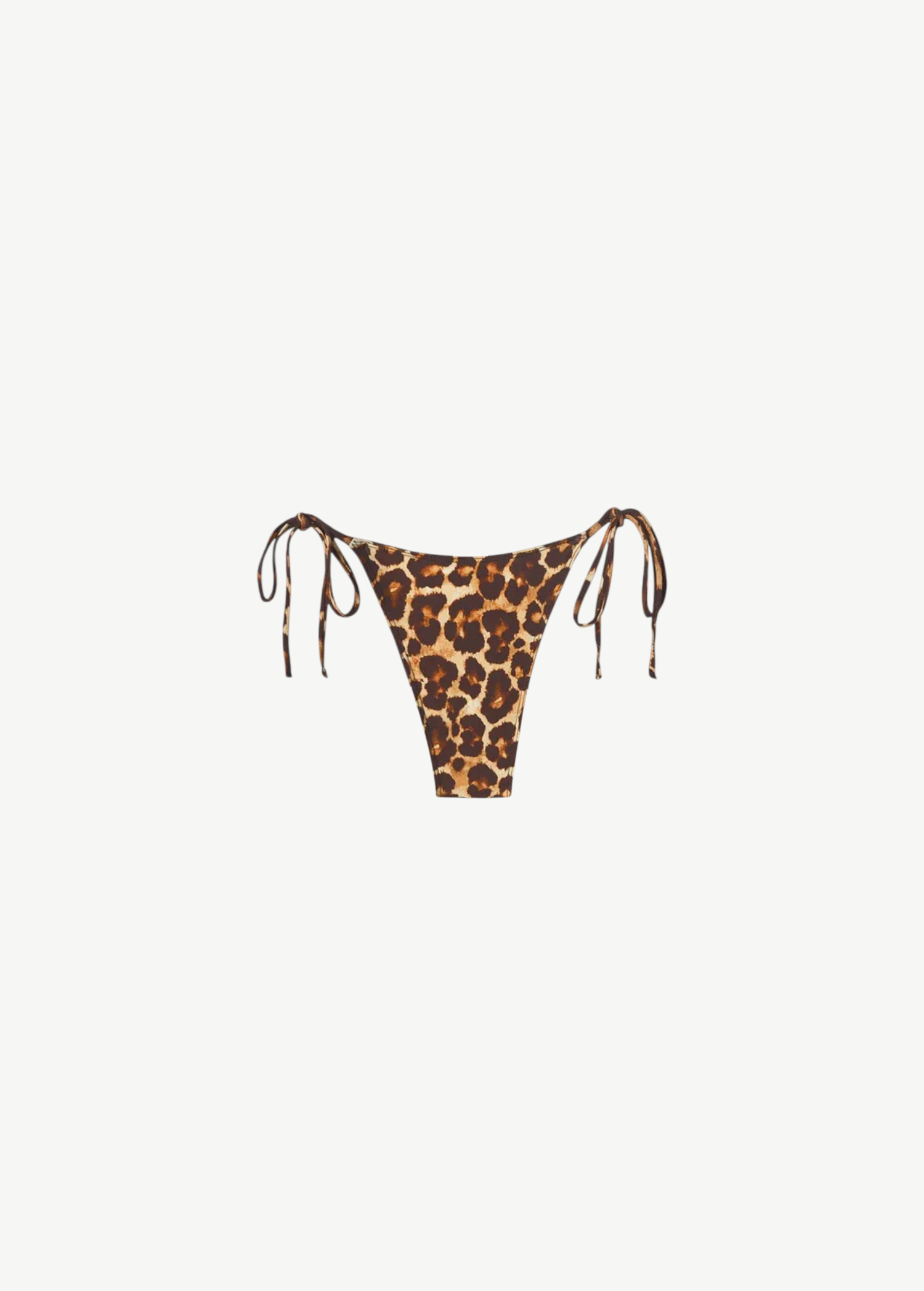 Praia Bottom in a leopard print, featuring a minimal coverage triangle bikini design with adjustable side ties, displayed on a white background.
