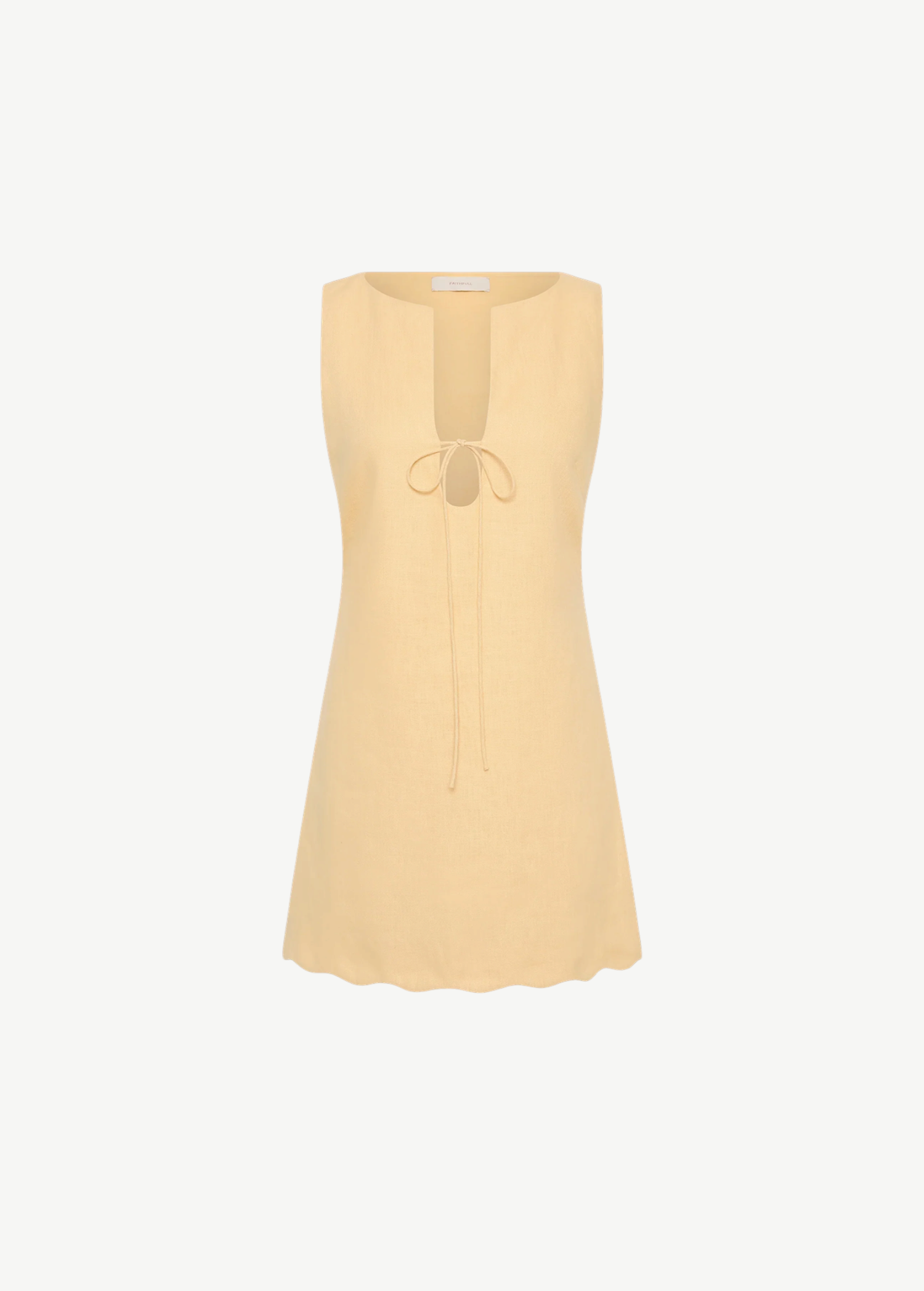 KABE SHOP INC Alondra mini dress in pale yellow linen with a sleeveless tunic silhouette and front tie detail.