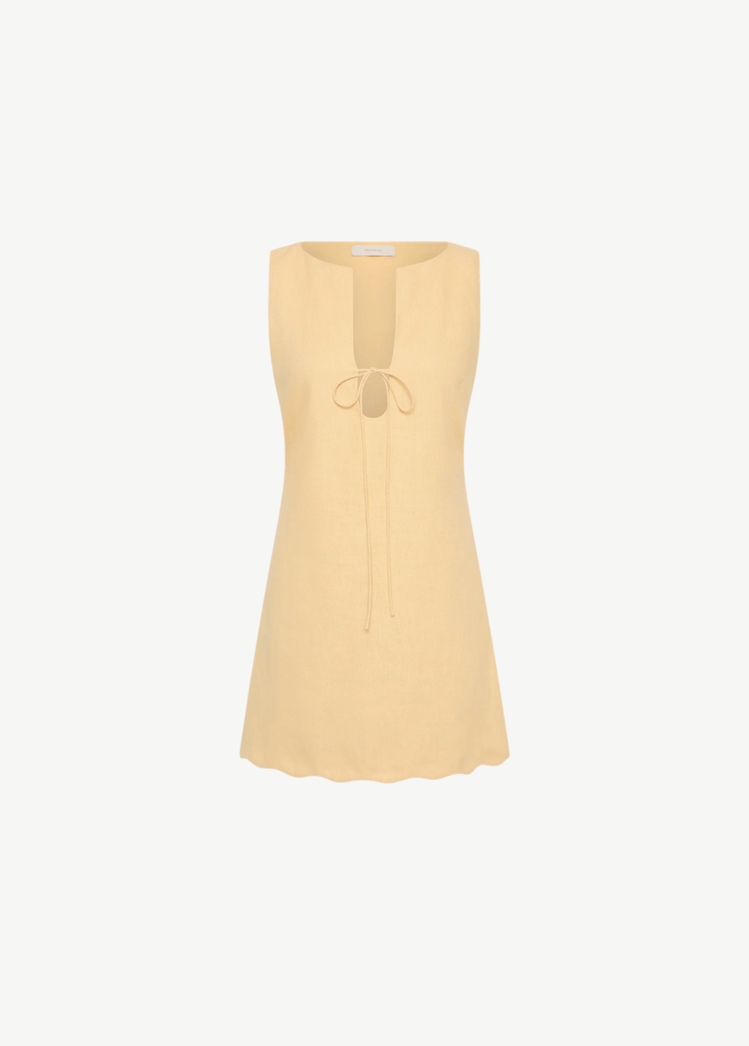 KABE SHOP INC Alondra mini dress in pale yellow linen with a sleeveless tunic silhouette and front tie detail.