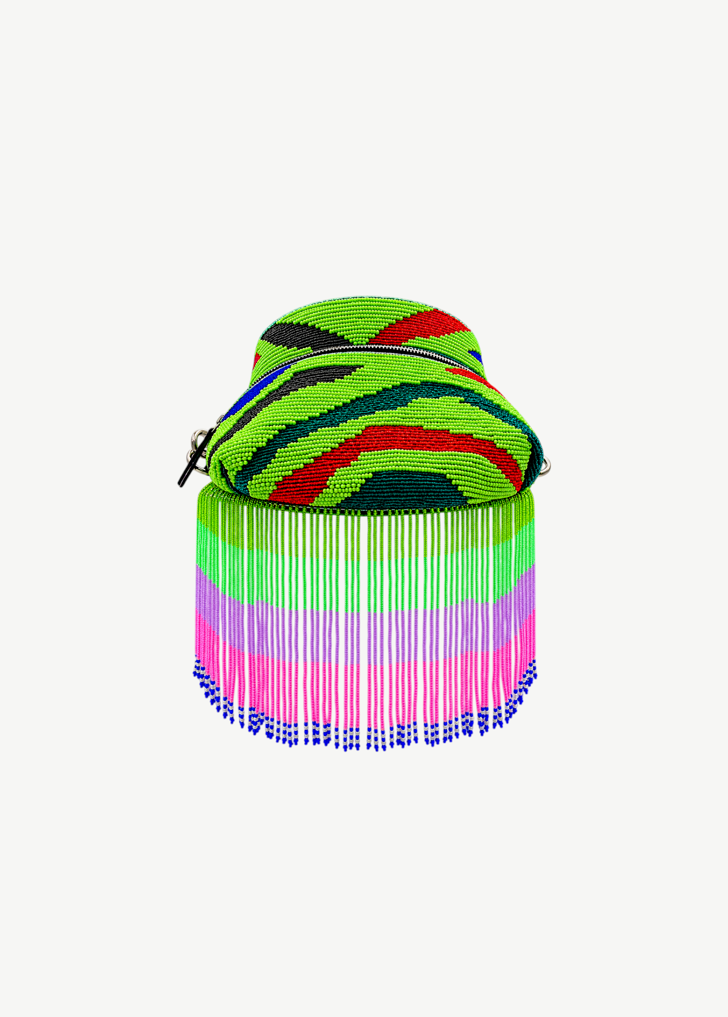 KABE SHOP INC Nayade bag featuring vibrant green, red, and black beadwork with long multi-colored beaded fringe.