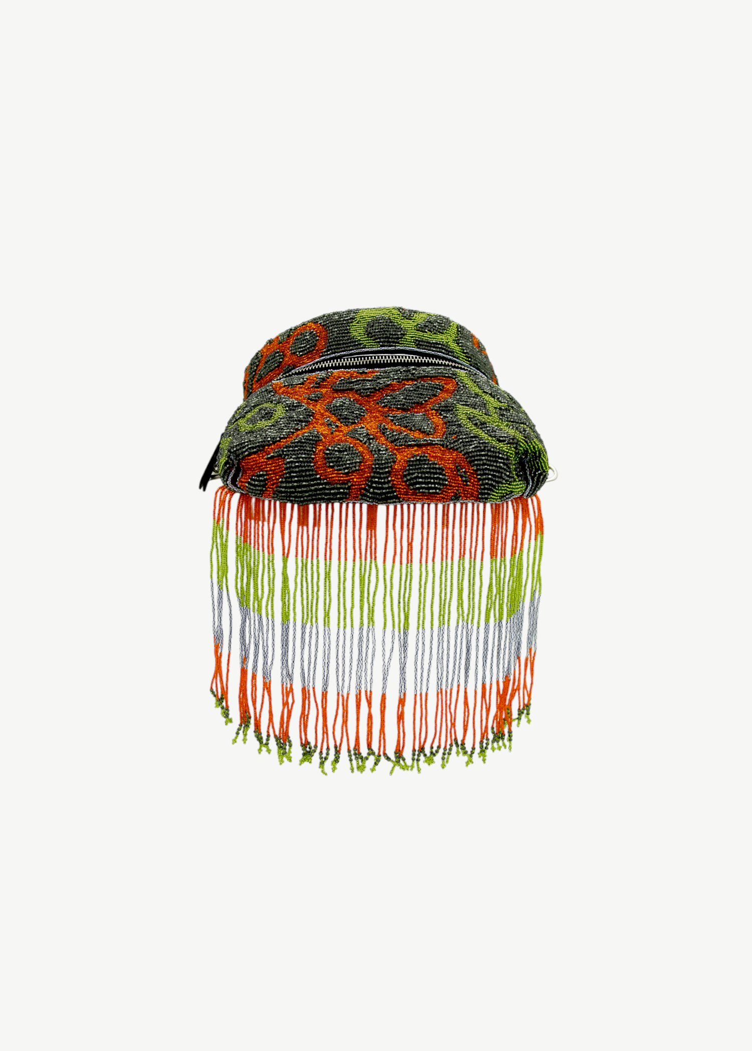 KABE SHOP INC Verdaloo bag featuring intricate black, orange, and green floral beadwork with long beaded fringe