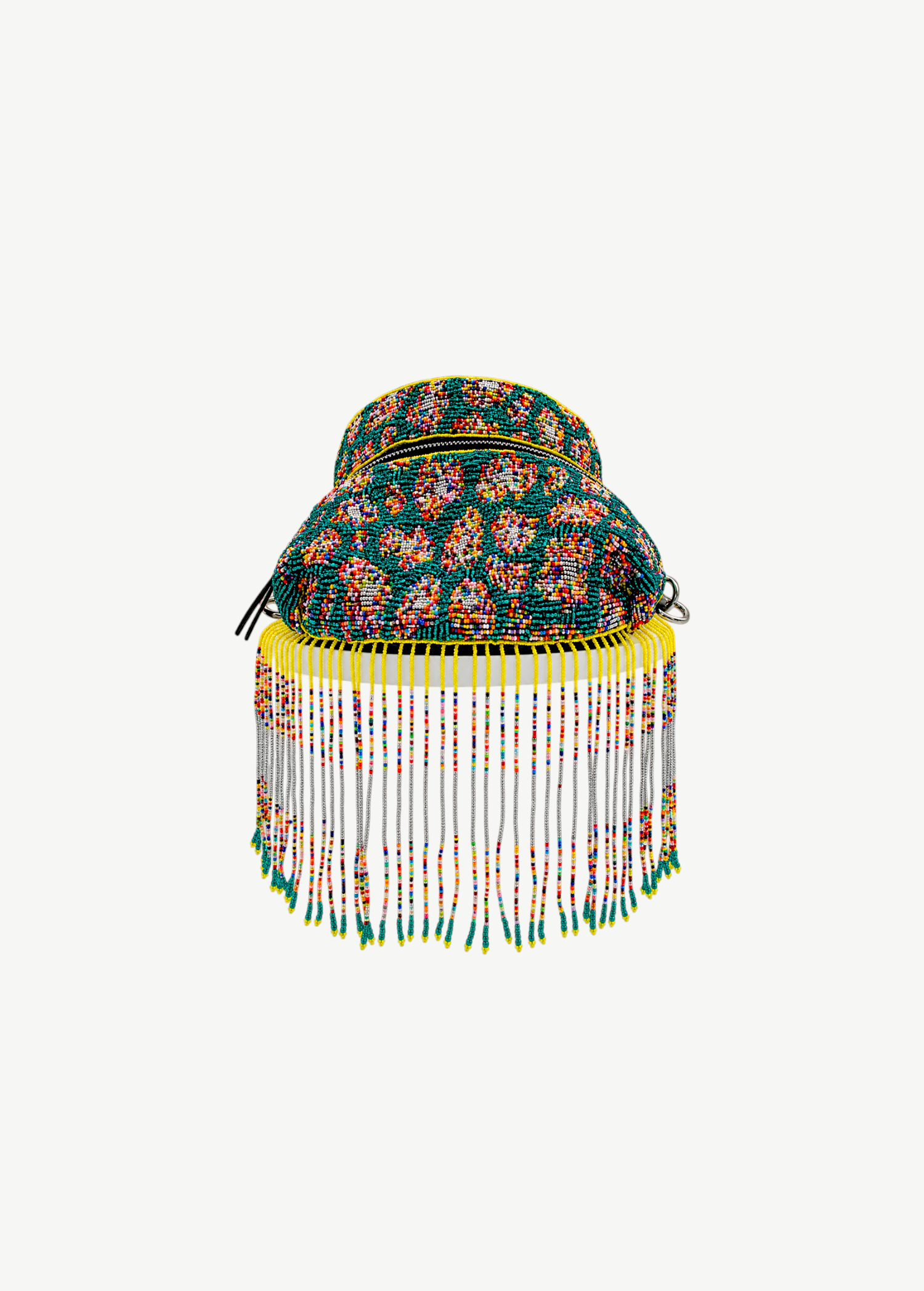 KABE SHOP INC Verdi bag featuring intricate multi-coloured beadwork, a rounded silhouette, and long beaded fringe.