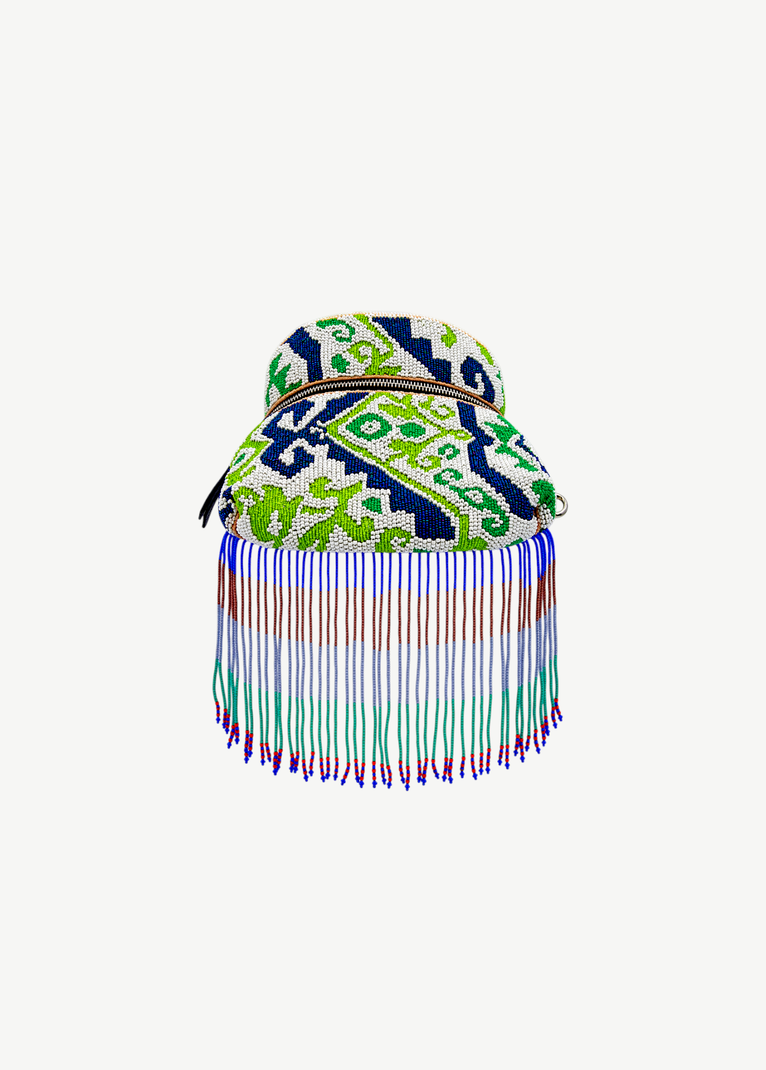 KABE SHOP INC Lunverde handmade beaded bag with intricate blue and green geometric patterns and long fringe detail.