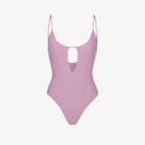 KABE SHOP INC mauve one-piece swimsuit featuring a front keyhole cutout and thin spaghetti straps.