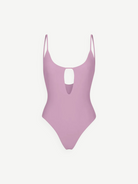 KABE SHOP INC mauve one-piece swimsuit featuring a front keyhole cutout and thin spaghetti straps.
