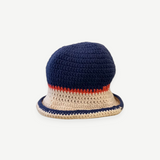 KABE SHOP INC handcrafted crochet bucket hat featuring navy blue, orange, and cream stripes for sun protection.