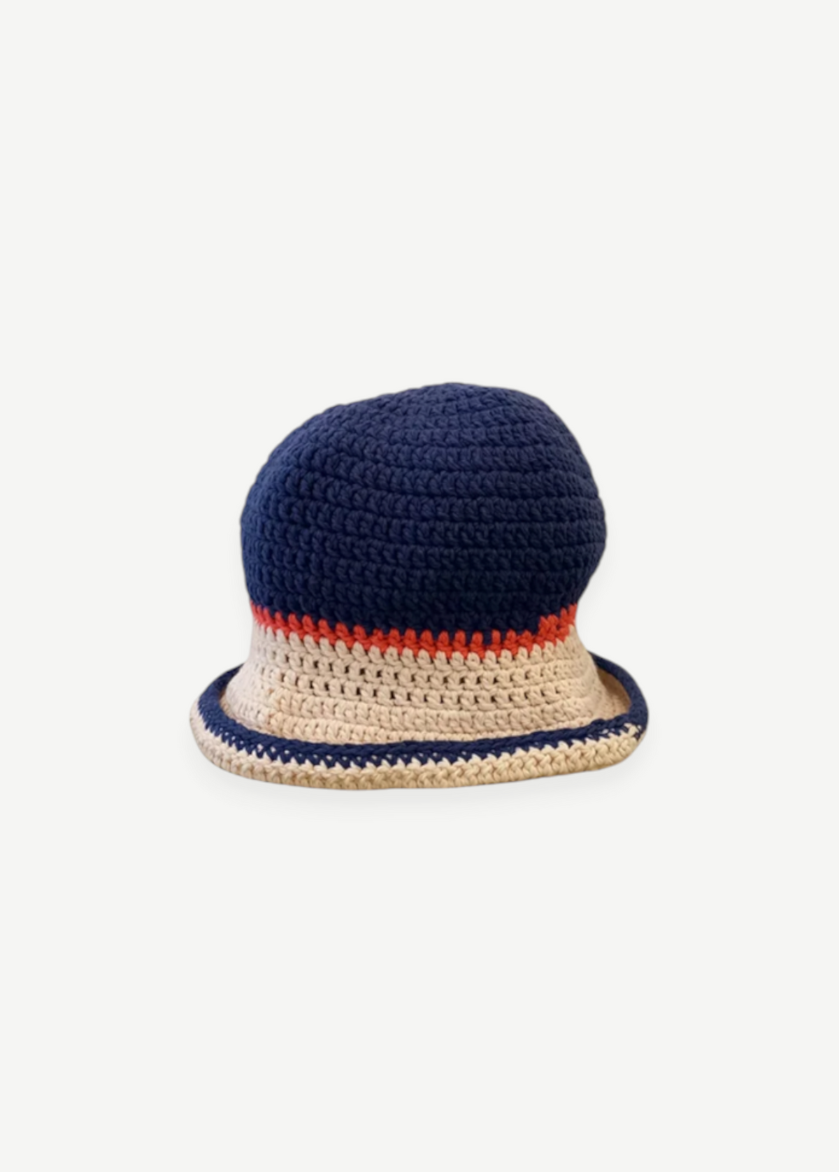 KABE SHOP INC handcrafted crochet bucket hat featuring navy blue, orange, and cream stripes for sun protection.
