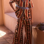 KABE SHOP INC Nera shirt featuring a tribal ikat print with blue crochet trim and a relaxed oversized fit.