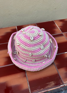 KABE SHOP INC handmade crochet hat in pink and beige with decorative sea shells, artisanal Tulum design