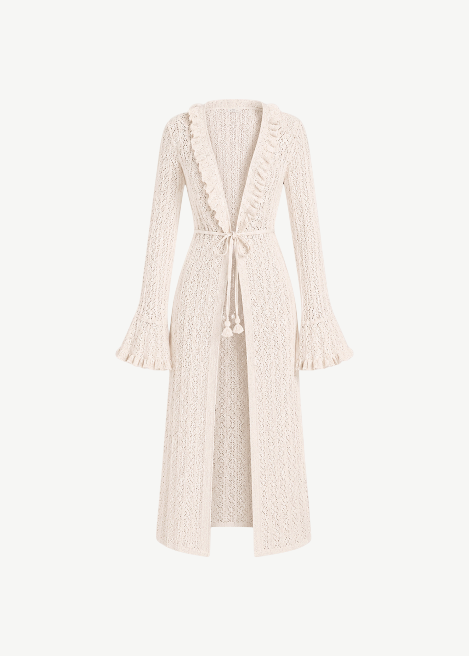KABE SHOP INC Sienna maxi-length knit robe in cream with ruffle neckline, flared sleeves, and beaded front tie.