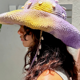 KABE SHOP INC Wika crochet tie-dye sun hat in purple and yellow with shell embellishments and chin strap