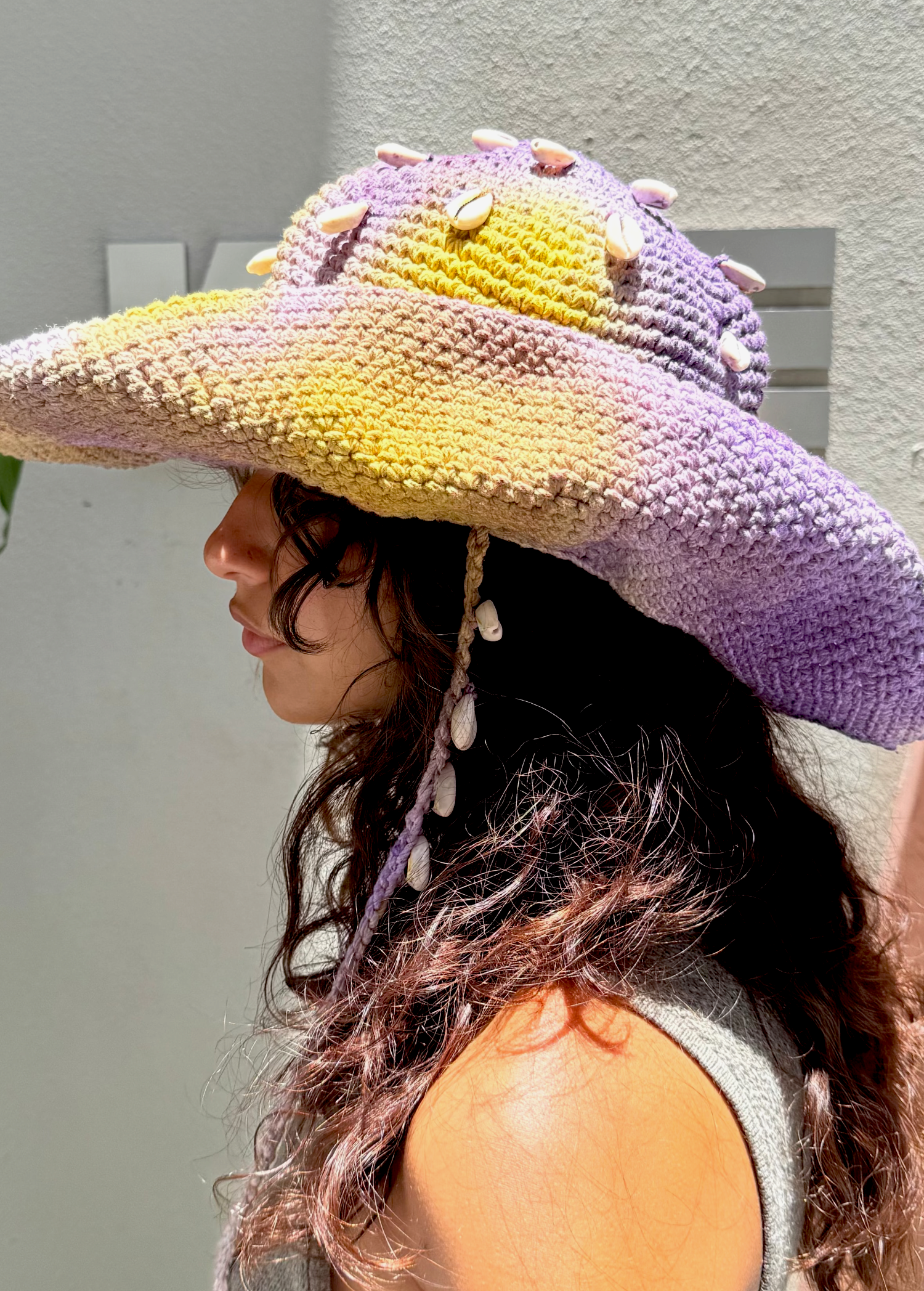 KABE SHOP INC Wika crochet tie-dye sun hat in purple and yellow with shell embellishments and chin strap