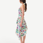 Model wearing KABE SHOP INC Belora cotton dress with floral embroidery, asymmetric hem, and raw-edge detailing.