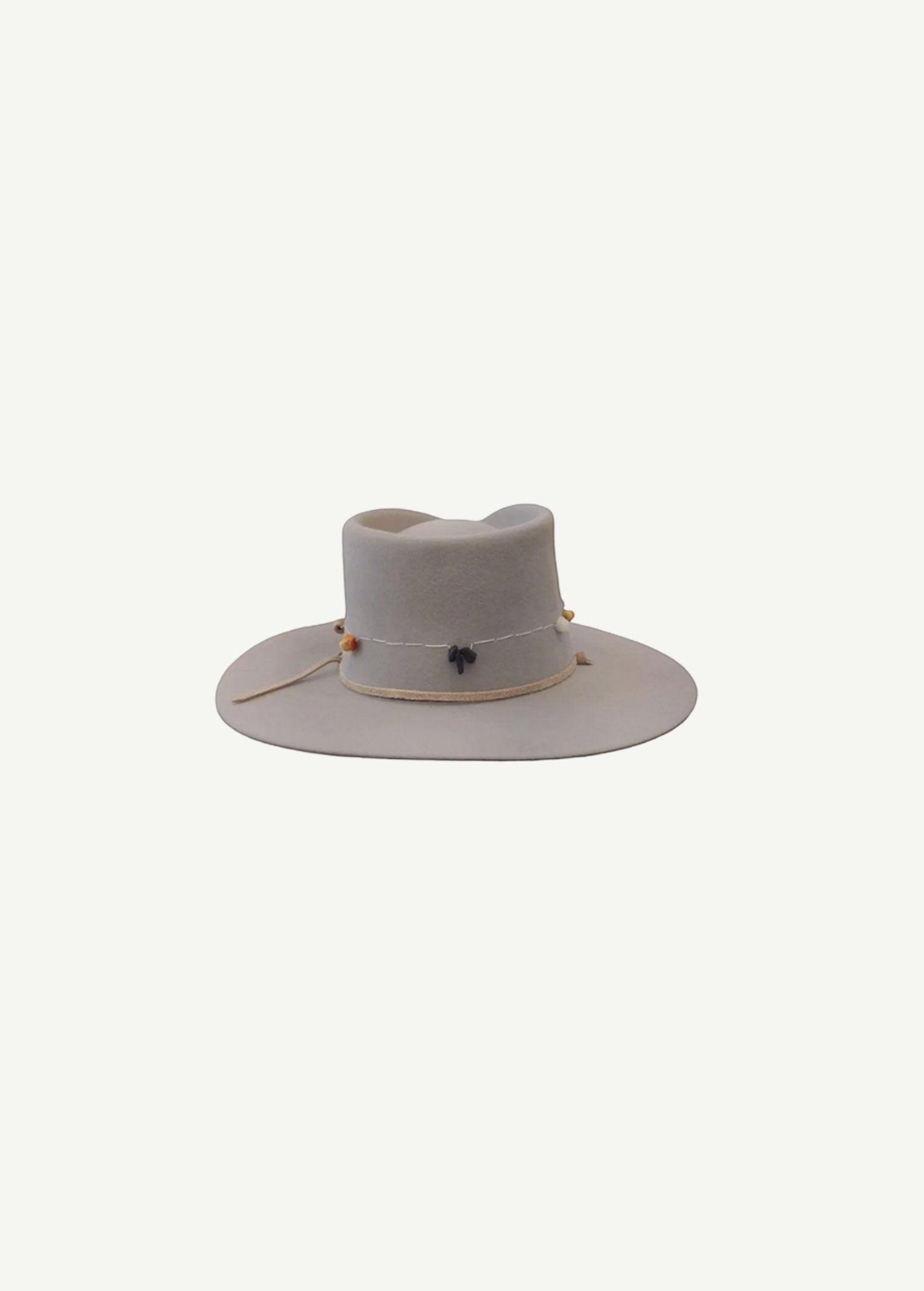 KABE SHOP INC Wool Stones Hat in light grey with a decorative beaded band and wide brim for sun protection.