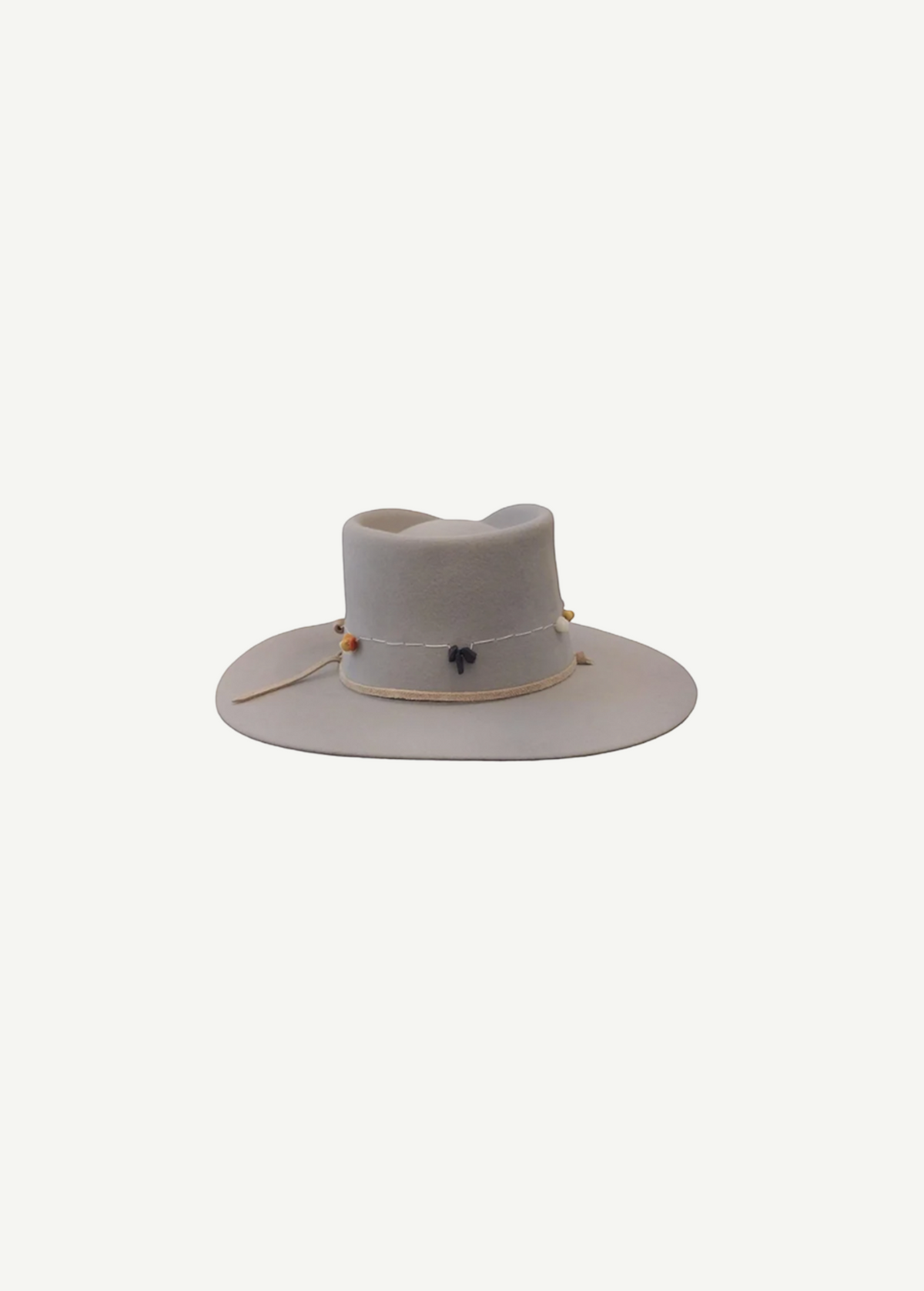 KABE SHOP INC Wool Stones Hat in light grey with a decorative beaded band and wide brim for sun protection.