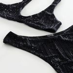 KABE SHOP INC black microfiber bikini set with high-cut Brazilian bottoms and rhinestone pinstripe embellishments.