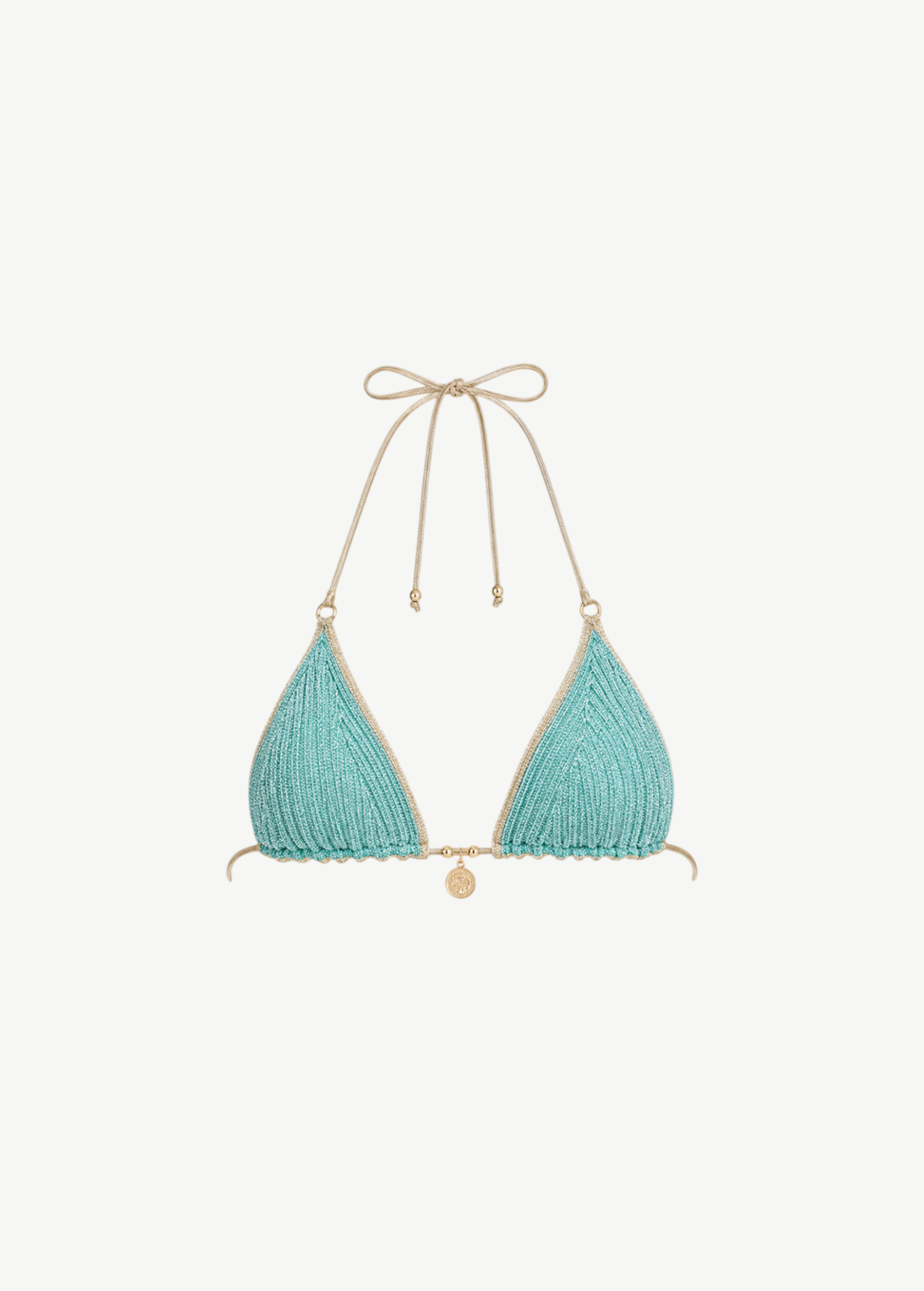 KABE SHOP INC Delion turquoise hand-crocheted bikini top with gold-tone accents and multiway straps.