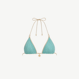 KABE SHOP INC Delion turquoise hand-crocheted bikini top with gold-tone accents and multiway straps.